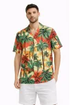 Erkek Hawaii Tarz Tropikal Palmiye Desenli Kısa Kol Gömlek Rahat Kalıp Yazlık - Desenli