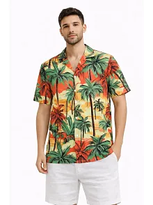 Erkek Hawaii Tarz Tropikal Palmiye Desenli Kısa Kol Gömlek Rahat Kalıp Yazlık - Desenli