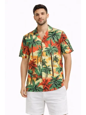 Erkek Hawaii Tarz Tropikal Palmiye Desenli Kısa Kol Gömlek Rahat Kalıp Yazlık - Desenli