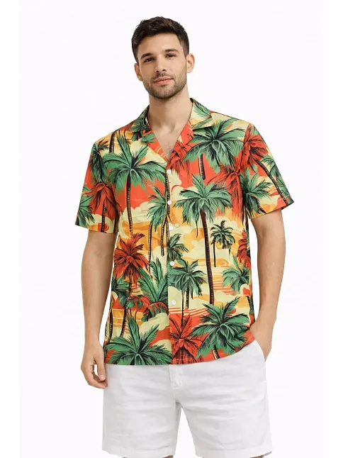 Erkek Hawaii Tarz Tropikal Palmiye Desenli Kısa Kol Gömlek Rahat Kalıp Yazlık - Desenli
