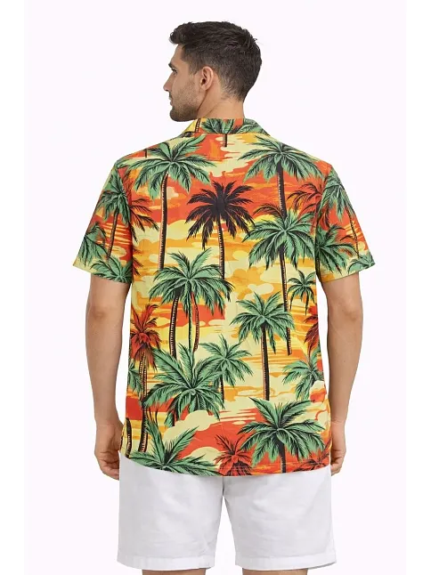 Erkek Hawaii Tarz Tropikal Palmiye Desenli Kısa Kol Gömlek Rahat Kalıp Yazlık - Desenli