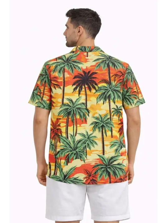 Erkek Hawaii Tarz Tropikal Palmiye Desenli Kısa Kol Gömlek Rahat Kalıp Yazlık - Desenli
