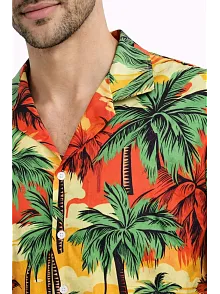 Erkek Hawaii Tarz Tropikal Palmiye Desenli Kısa Kol Gömlek Rahat Kalıp Yazlık - Desenli
