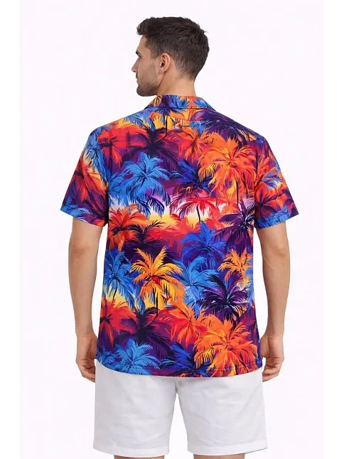 Erkek Tropikal Desenli Kısa Kol Gömlek Rahat Kalıp Yazlık Hawaii Tarz - Desenli