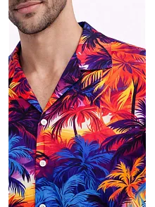 Erkek Tropikal Desenli Kısa Kol Gömlek Rahat Kalıp Yazlık Hawaii Tarz - Desenli