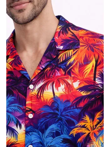 Erkek Tropikal Desenli Kısa Kol Gömlek Rahat Kalıp Yazlık Hawaii Tarz - Desenli
