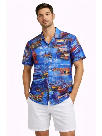 Erkek Marin Desenli Kısa Kol Gömlek Yazlık Rahat Kalıp Dijital Baskılı - Desenli