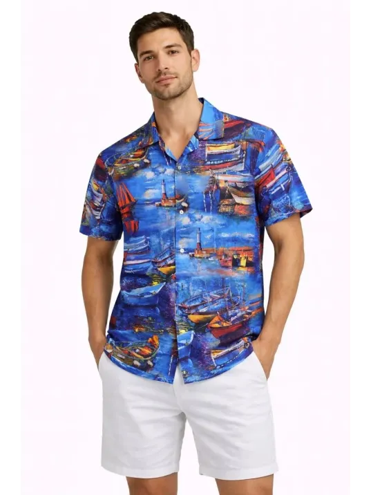 Erkek Marin Desenli Kısa Kol Gömlek Yazlık Rahat Kalıp Dijital Baskılı - Desenli Erkek Marin Desenli Kısa Kol Gömlek Yazlık Rahat Kalıp Dijital Baskılı - Desenli