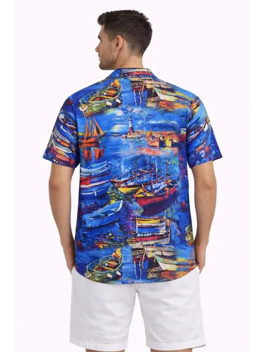 Erkek Marin Desenli Kısa Kol Gömlek Yazlık Rahat Kalıp Dijital Baskılı - Desenli Erkek Marin Desenli Kısa Kol Gömlek Yazlık Rahat Kalıp Dijital Baskılı - Desenli