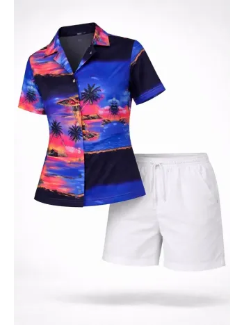 Kadın Gün Batımı Tropikal Desenli Kısa Kol Gömlek Şort Takım Yazlık Rahat Kalıp - Desenli Kadın Gün Batımı Tropikal Desenli Kısa Kol Gömlek Şort Takım Yazlık Rahat Kalıp - Desenli