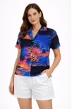Kadın Gün Batımı Tropikal Desenli Kısa Kol Gömlek Şort Takım Yazlık Rahat Kalıp - Desenli