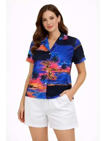 Kadın Gün Batımı Tropikal Desenli Kısa Kol Gömlek Şort Takım Yazlık Rahat Kalıp - Desenli
