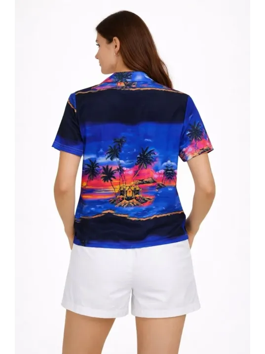 Kadın Gün Batımı Tropikal Desenli Kısa Kol Gömlek Şort Takım Yazlık Rahat Kalıp - Desenli