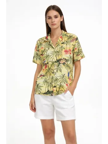 Kadın Gün Batımı Tropikal Desenli Kısa Kol Gömlek Şort Takım Yazlık Rahat Kalıp - Desenli
