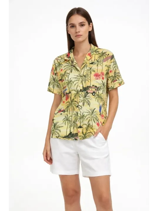 Kadın Gün Batımı Tropikal Desenli Kısa Kol Gömlek Şort Takım Yazlık Rahat Kalıp - Desenli