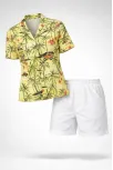Kadın Gün Batımı Tropikal Desenli Kısa Kol Gömlek Şort Takım Yazlık Rahat Kalıp - Desenli