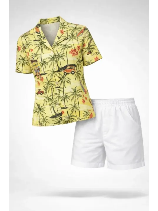 Kadın Gün Batımı Tropikal Desenli Kısa Kol Gömlek Şort Takım Yazlık Rahat Kalıp - Desenli