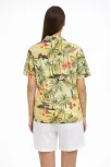 Kadın Gün Batımı Tropikal Desenli Kısa Kol Gömlek Şort Takım Yazlık Rahat Kalıp - Desenli