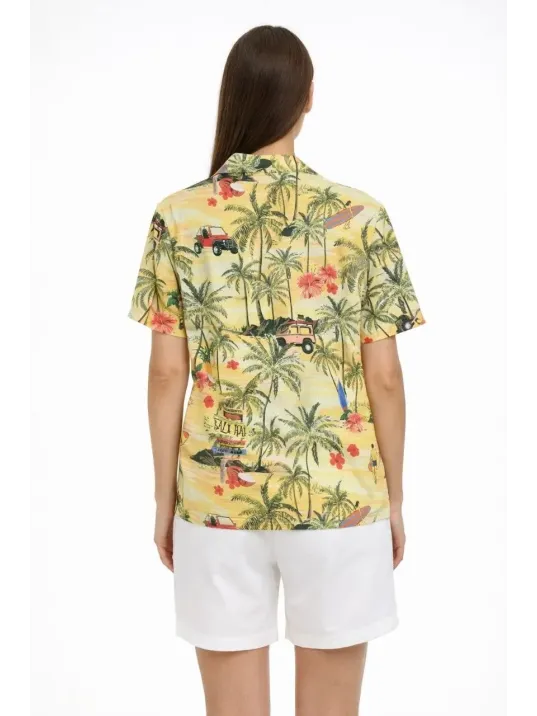 Kadın Gün Batımı Tropikal Desenli Kısa Kol Gömlek Şort Takım Yazlık Rahat Kalıp - Desenli