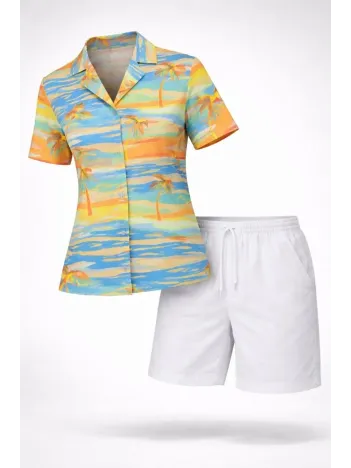 Kadın Yazlık Tropikal Desenli Gömlek Şort Takım Rahat Kalıp Tatil Kombin - Desenli Kadın Yazlık Tropikal Desenli Gömlek Şort Takım Rahat Kalıp Tatil Kombin - Desenli