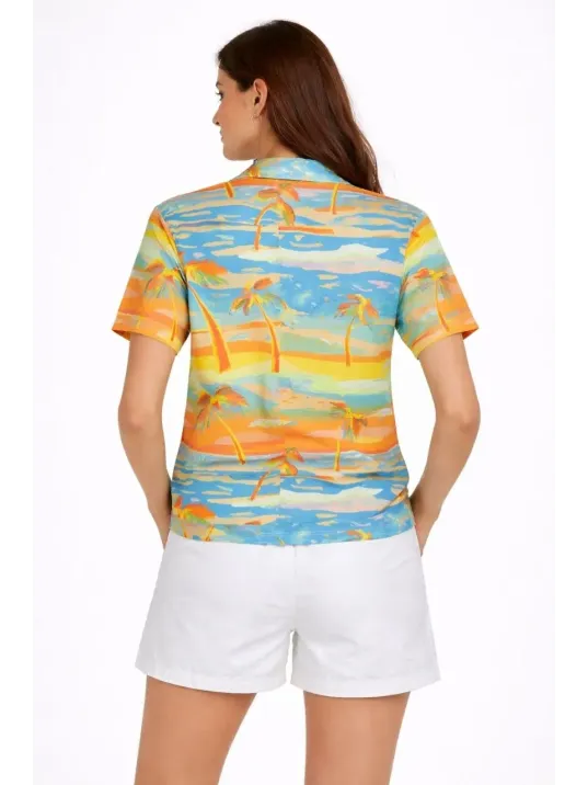 Kadın Yazlık Tropikal Desenli Gömlek Şort Takım Rahat Kalıp Tatil Kombin  - Desenli