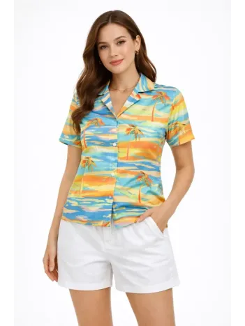 Kadın Yazlık Tropikal Desenli Gömlek Şort Takım Rahat Kalıp Tatil Kombin  - Desenli