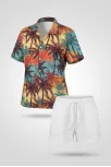 Kadın Tropikal Palmiye Desenli Kısa Kol Gömlek Şort Takım Yazlık Rahat Kalıp - Desenli