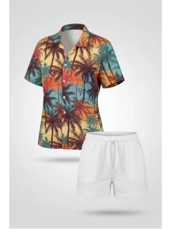 Kadın Tropikal Palmiye Desenli Kısa Kol Gömlek Şort Takım Yazlık Rahat Kalıp - Desenli Kadın Tropikal Palmiye Desenli Kısa Kol Gömlek Şort Takım Yazlık Rahat Kalıp - Desenli