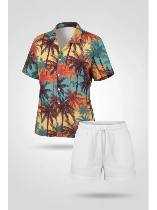 Kadın Tropikal Palmiye Desenli Kısa Kol Gömlek Şort Takım Yazlık Rahat Kalıp - Desenli