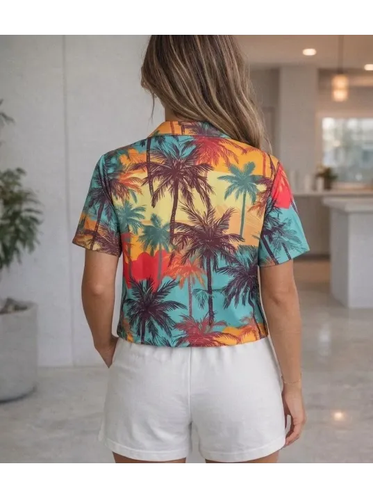 Kadın Tropikal Palmiye Desenli Kısa Kol Gömlek Şort Takım Yazlık Rahat Kalıp - Desenli