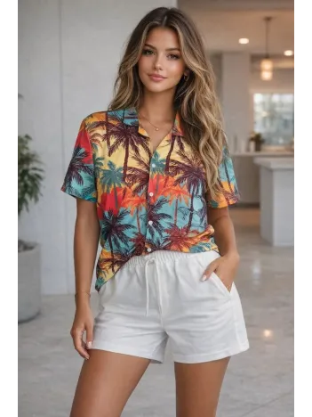 Kadın Tropikal Palmiye Desenli Kısa Kol Gömlek Şort Takım Yazlık Rahat Kalıp - Desenli