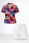 Kadın Renkli Tropikal Palmiye Desenli Kısa Kol Gömlek Şort Takım Yazlık Rahat Kalıp - Desenli