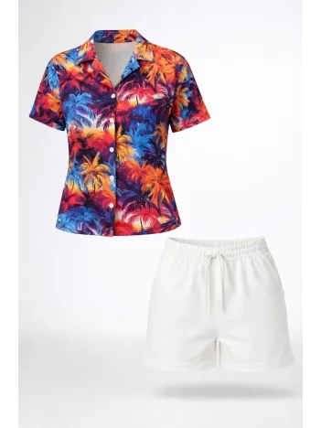 Kadın Renkli Tropikal Palmiye Desenli Kısa Kol Gömlek Şort Takım Yazlık Rahat Kalıp - Desenli Kadın Renkli Tropikal Palmiye Desenli Kısa Kol Gömlek Şort Takım Yazlık Rahat Kalıp - Desenli