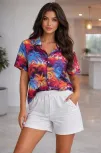 Kadın Renkli Tropikal Palmiye Desenli Kısa Kol Gömlek Şort Takım Yazlık Rahat Kalıp - Desenli
