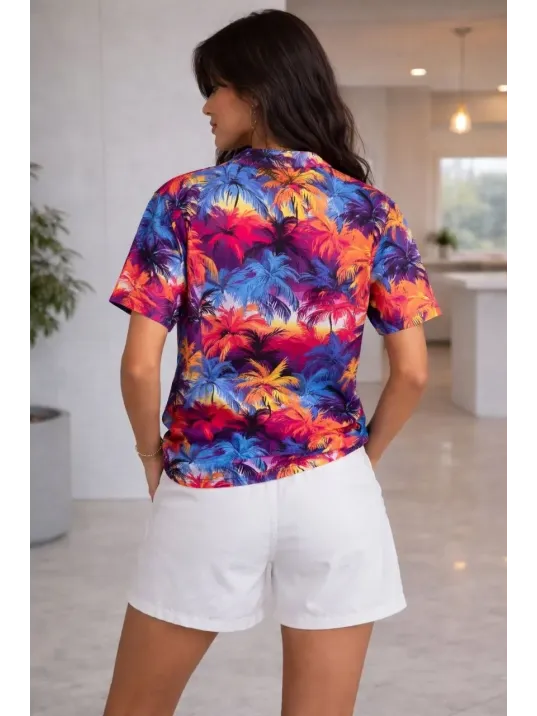 Kadın Renkli Tropikal Palmiye Desenli Kısa Kol Gömlek Şort Takım Yazlık Rahat Kalıp - Desenli