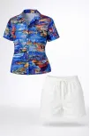 Kadın Deniz Temalı Desenli Kısa Kol Gömlek Şort Takım Yazlık Rahat Kalıp - Desenli