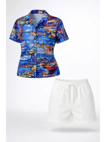 Kadın Deniz Temalı Desenli Kısa Kol Gömlek Şort Takım Yazlık Rahat Kalıp - Desenli Kadın Deniz Temalı Desenli Kısa Kol Gömlek Şort Takım Yazlık Rahat Kalıp - Desenli