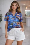 Kadın Deniz Temalı Desenli Kısa Kol Gömlek Şort Takım Yazlık Rahat Kalıp - Desenli