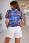 Kadın Deniz Temalı Desenli Kısa Kol Gömlek Şort Takım Yazlık Rahat Kalıp - Desenli