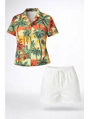 Kadın Tropikal Palmiye Desenli Kısa Kol Gömlek Şort Takım Yazlık Rahat - Desenli Kadın Tropikal Palmiye Desenli Kısa Kol Gömlek Şort Takım Yazlık Rahat - Desenli
