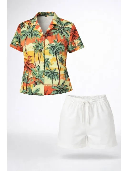 Kadın Tropikal Palmiye Desenli Kısa Kol Gömlek Şort Takım Yazlık Rahat - Desenli