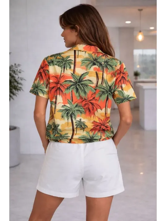 Kadın Tropikal Palmiye Desenli Kısa Kol Gömlek Şort Takım Yazlık Rahat - Desenli