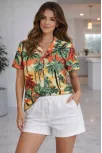 Kadın Tropikal Palmiye Desenli Kısa Kol Gömlek Şort Takım Yazlık Rahat - Desenli