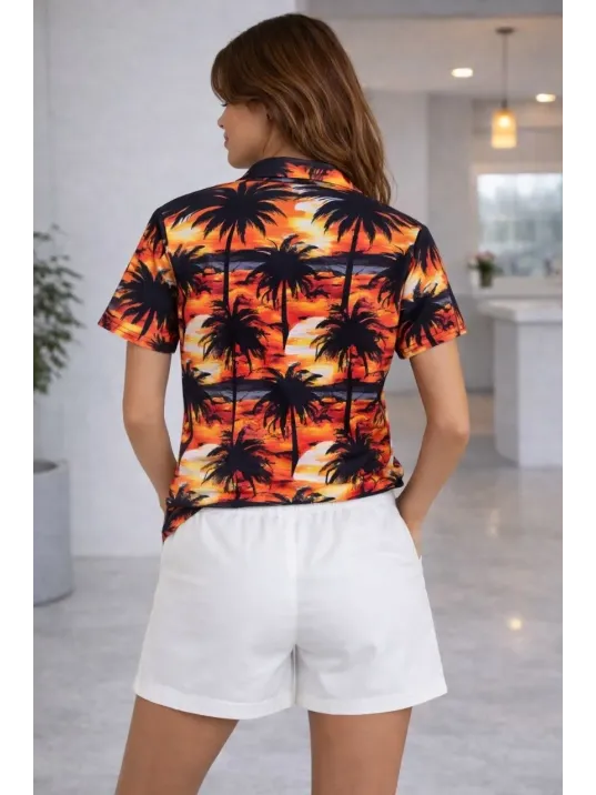 Kadın Tropikal Palmiye Desenli Gömlek Şort Takım Yazlık Rahat Kalıp - Desenli