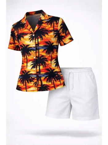Kadın Tropikal Palmiye Desenli Gömlek Şort Takım Yazlık Rahat Kalıp - Desenli Kadın Tropikal Palmiye Desenli Gömlek Şort Takım Yazlık Rahat Kalıp - Desenli