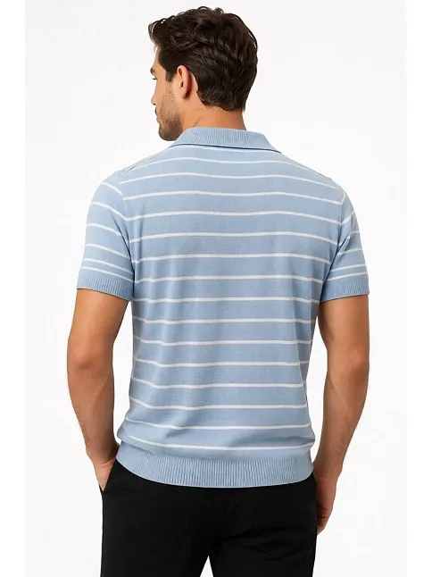Erkek Triko Polo Yaka Fermuarlı Çizgili Tişört T-shirt Yazlık Şık - Bebek Mavisi