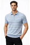 Erkek Triko Polo Yaka Fermuarlı Çizgili Tişört T-shirt Yazlık Şık - Bebek Mavisi