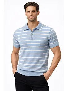 Erkek Triko Polo Yaka Fermuarlı Çizgili Tişört T-shirt Yazlık Şık - Bebek Mavisi