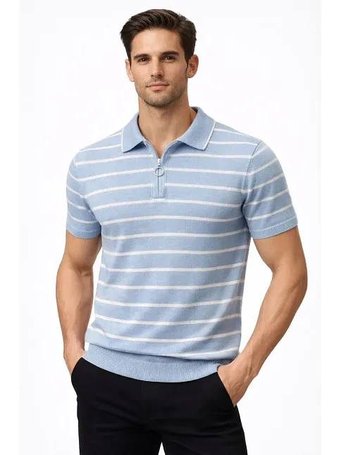 Erkek Triko Polo Yaka Fermuarlı Çizgili Tişört T-shirt Yazlık Şık - Bebek Mavisi