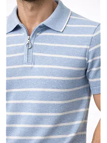 Erkek Triko Polo Yaka Fermuarlı Çizgili Tişört T-shirt Yazlık Şık - Bebek Mavisi